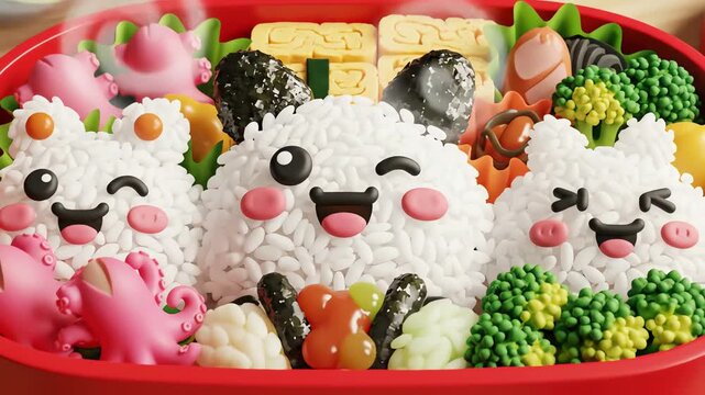 Colorful bento box featuring rice characters and food arrangement