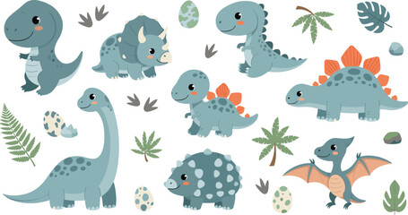 Cute Dinosaur Cartoon Vector Collection Featuring Tyrannosaurus, Triceratops, Stegosaurus, Brachiosaurus, Ankylosaurus and Pterodactyl with Eggs, Tropical Leaves and Prehistoric Elements. © MstSuborna