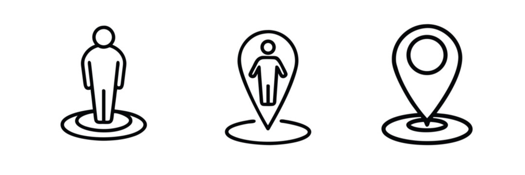 User and person location pin outline icon set featuring residential address and map point for member position and search and more vector illustration or editable stroke