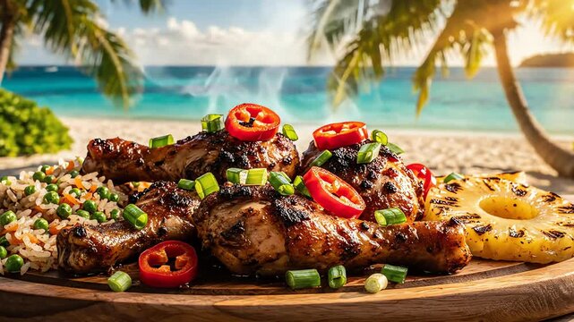 Grilled chicken meal with rice and pineapple slices on tropical beach