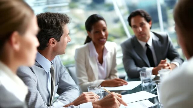High angle top view of business conference ideas sharing meeting, business people discussing conversation together on meeting table, conference modern office interior background,