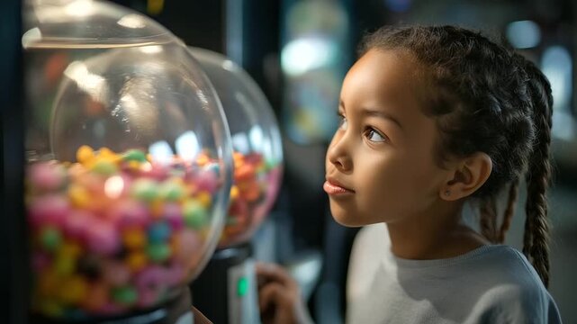 Young girl with braids looking thoughtfully at candy dispenser filled with colorful candies, child contemplating sweet selection, vending machine decision, youth fascination