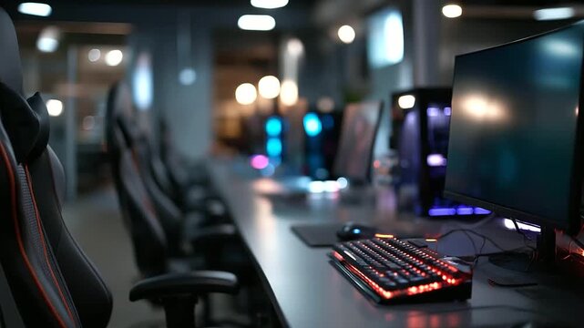 Modern gaming room filled with high-end computer setups, vibrant RGB lighting, gaming culture with technology, area packed with desktop computers and gaming chairs, monitors