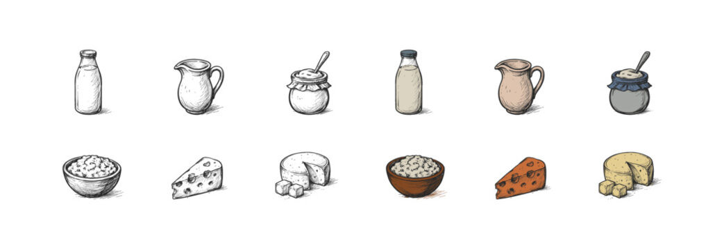 Collection of hand-drawn dairy products including milk, cheese, and yogurt in various containers. Vector