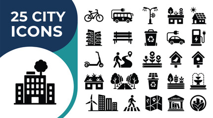 Collection of 25 city icons representing urban life and sustainability.