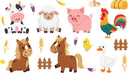 Fototapeta premium Cute Farm Animals Vector Set Featuring Cow, Sheep, Pig, Rooster, Horse, Goose and Chick with Wheat, Feathers and Rustic Farm Elements Illustration.