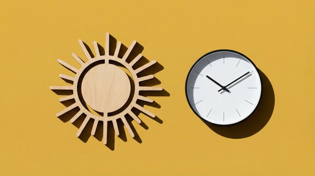 Wooden sun and wall clock on yellow background symbolizing Spring Forward  