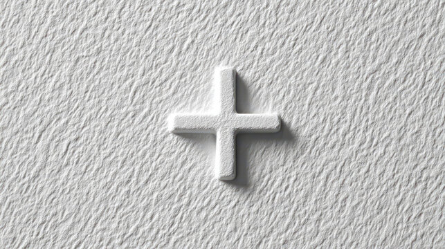 White plus sign on a textured surface.