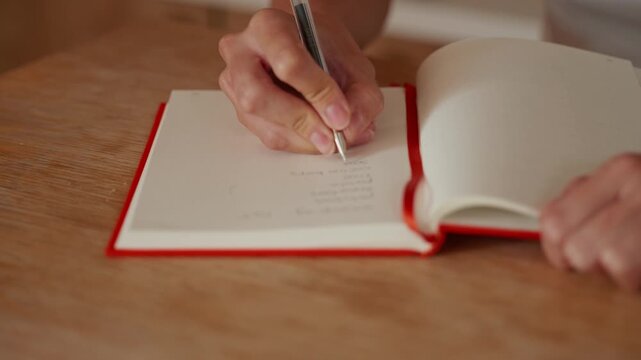 Hand Writing Shopping List in Notebook for Home Planning