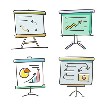 Doodle-style flip charts displaying charts, graphs, and arrows for business planning.