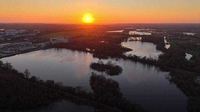 An aerial view of the Nene Wetlands nature reserve and Rushden Lakes area in Northamptonshire, England. 