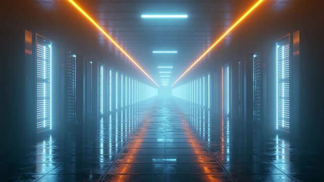 Futuristic neon corridor with glowing lights and reflective floor