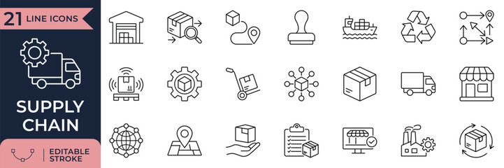 Supply chain logistics and delivery management line icon set for business systems   © Masum
