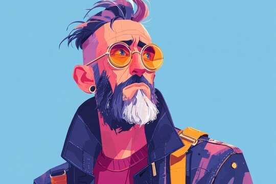 A man with a beard and glasses is standing in front of a blue background