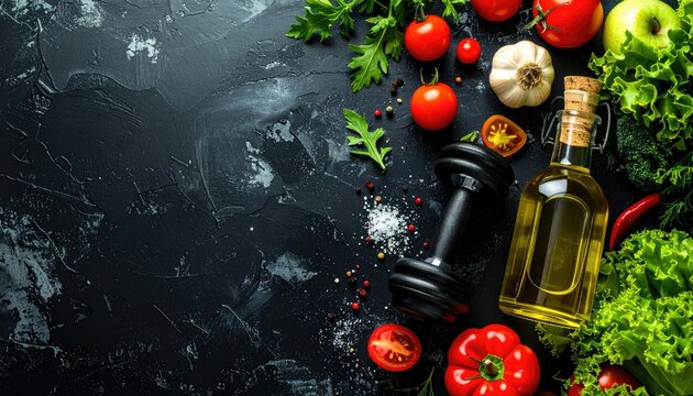 Healthy food and fitness equipment arranged on a dark textured surface for a balanced lifestyle.