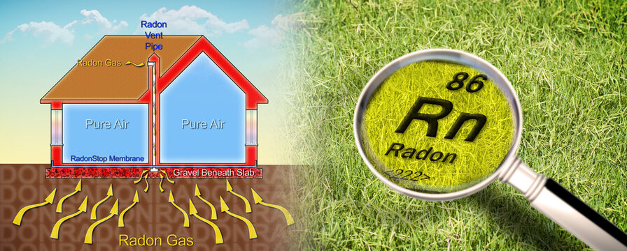 How to protect your home from radon gas with a polyethylene membrane barrier and areated crawl space - concept with radon element seen through the magnifying glass