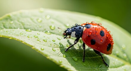 Obraz premium Ladybug crawling on green leaf with water droplets in sunlight 