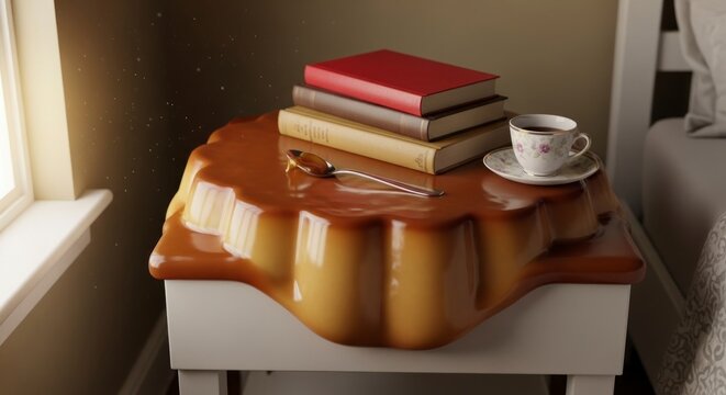 Conceptual still life of books and coffee cup on caramel shaped table