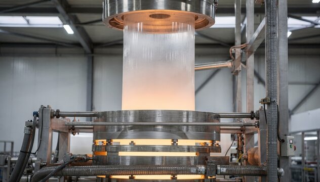 Medium shot of plastic film blown extrusion tower showcasing singlelayer molten film rising smoothly through cooling rings in a controlled industrial environment.