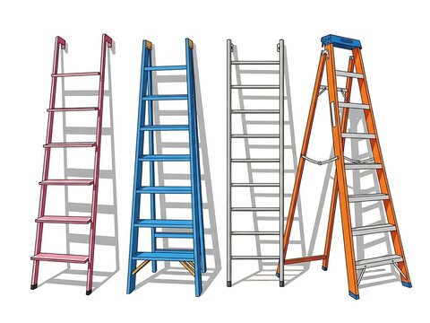 A variety of ladders with different colors and designs for various uses