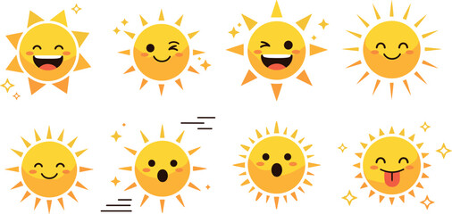 Cute smiling sun faces collection with cartoon sunshine characters different emotions summer weather vector illustration set