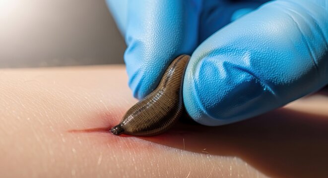 Medical professional applies leech therapy on a patient's arm with blue gloves, highlighting the leech's attachment to the skin