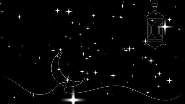White outlined hand drawn crescent moon and lanterns animate in the black background with shinning stars overlay-Eid special