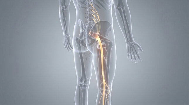 Detailed view of sciatica nerve in a transparent human body showing its path and connection to the spinal column and pelvis