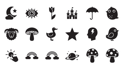 Obraz premium Icons set with moon, eye, tulip, castle, umbrella, owl, sheep, mushroom, duck, star, head with lightning, bird, sun touch, rainbows, planet, and