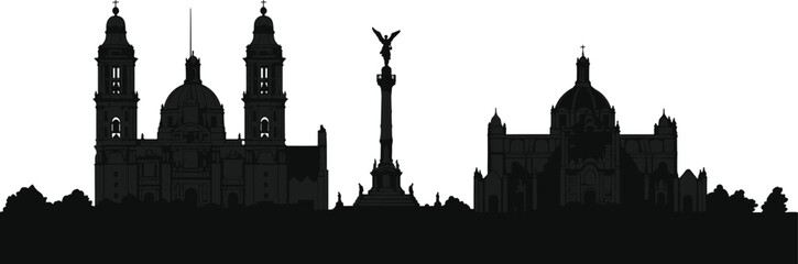 Obraz premium Mexico City Skyline Silhouette Featuring Metropolitan Cathedral and Angel of Independence, Vector Illustration Icon for Travel and Mexican Culture Heritage.