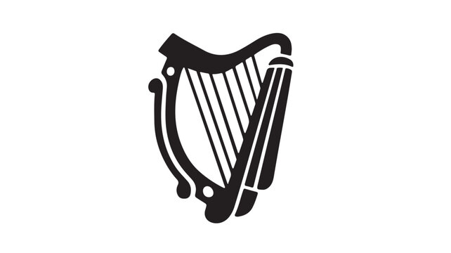 Harp silhouette musical instrument with curved frame and strings, black iconic symbol featuring music, traditional, celtic with Irish and medieval