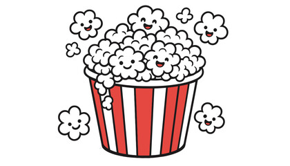 A cartoon popcorn bucket with happy popcorn pieces and smiling faces