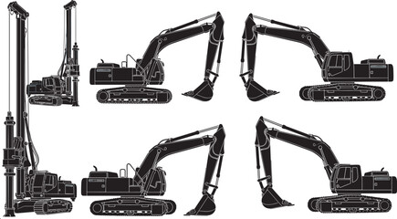 Black silhouette set of heavy excavators, crawler excavator machines, drilling rig pile driver, construction equipment side views, industrial machinery vector collection © MdShahid