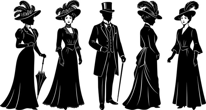 Vintage people. Victorian woman or man. 19th century clothing. Lady dress old sketch drawing. Retro fashion style. 1900 France aristocrats. Dandy tuxedo. Vector nobleman characters set