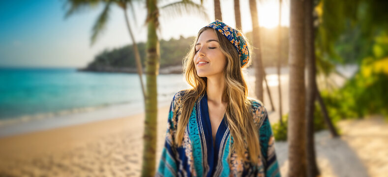 young woman with eyes closed and smile on a tropical beach with palm trees and sun