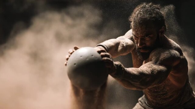 Muscular Athlete Training with Medicine Ball in Intense Dusty Fitness Scene