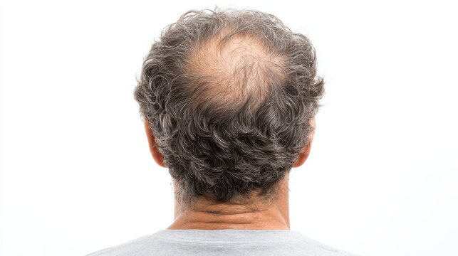 Man experiencing male pattern baldness and thinning hair on scalp, highlighting a common sign of aging and hair loss, showing the back of head against white background