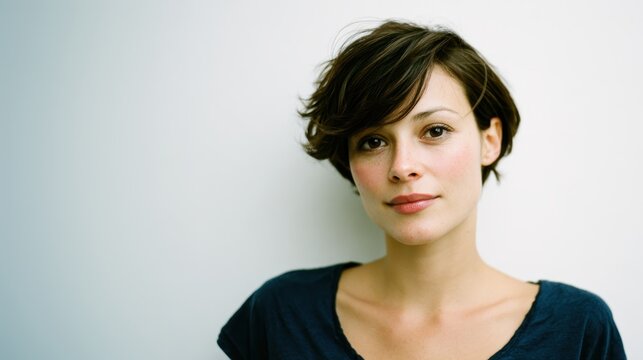 Woman with natural beauty and short brunette pixie cut hair looking directly at camera. Portraying concepts of individuality. Confidence