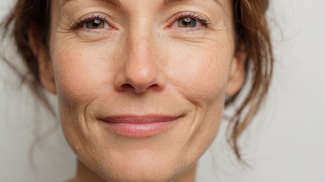 Close up portrait of natural woman with freckles and visible aging signs, a gentle smile conveying authenticity, happiness, and confidence in middle age