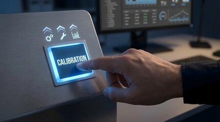Naklejka premium A finger is pushing the Calibration button for the concept of technology.