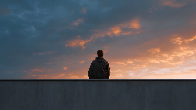 A person sits alone on the edge of a wall silhouetted against a dramatic and colorful sunset sky filled with clouds
