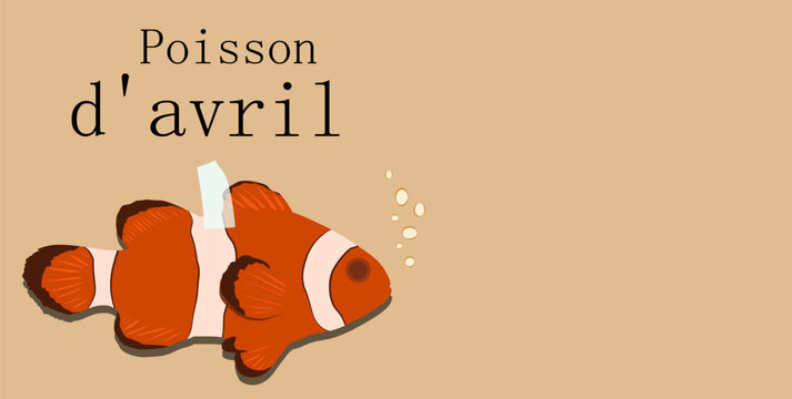 Horizontal French April Fools Day illustration with cute cartoon clownfish, adhesive tape, and text Poisson d'avril