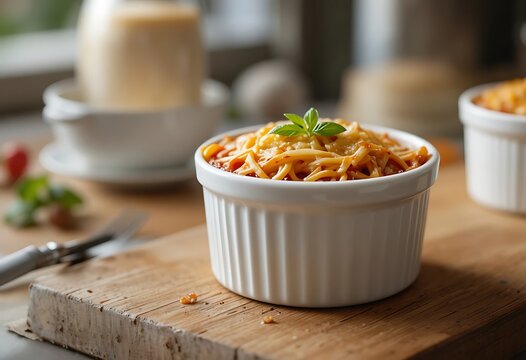 Small potted plant sprouting in a decorative container on a wooden surface. baked spaghetti cup