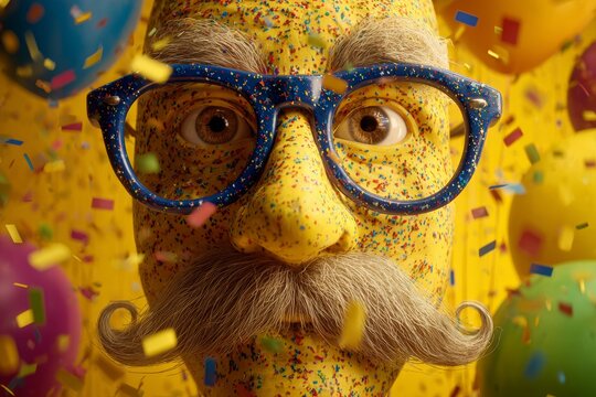 Vibrant and funny april fool's day prank attire. True story. Exaggerated features in a silly celebration scene for april fool's day. Honest scene. Candid shot.