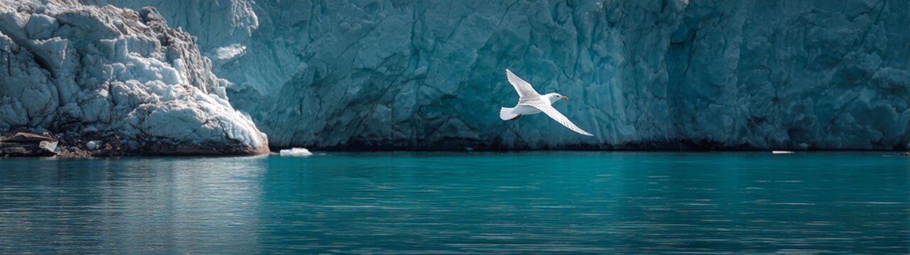 Melodic flight: ivory gull sails through the greenlandic coastal glaciers. Vivid gradient. Ivory gull navigating the serene glacial waters of blosseville coast. Minimal layout. Abstract neon.