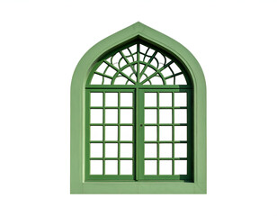 Fototapeta premium Ornate green arched window with intricate lattice detail