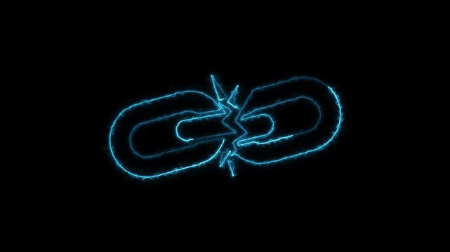 Blue neon glowing broken link icon animation with electric energy effect on black background loop.