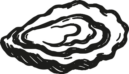 Hand-drawn illustration of a single oyster shell with swirling patterns, black ink on white © Bamby