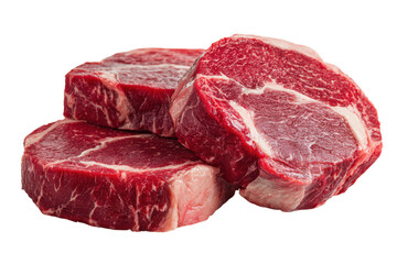 Obraz premium Raw Marbled Red Beef Steak Slices Showing Muscle Fibers and Fat Layers meat, Isolated On Png Transparent Background