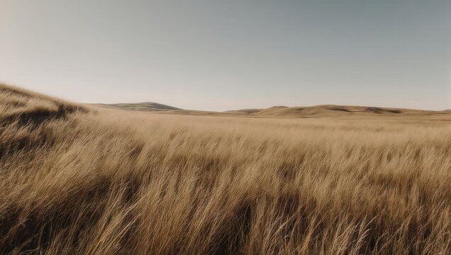 Golden Grass Field Swaying Gently in the Wind Under a Clear Sky.